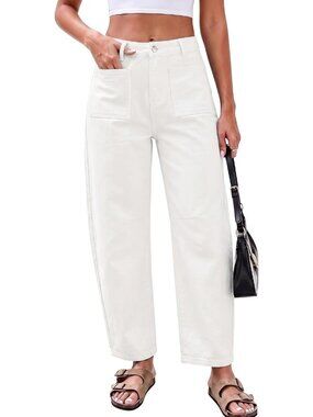 Women's Cream White High Waisted Patch Pocket Baggy Stretch Wide Leg Denim Pant